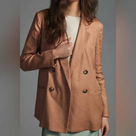 Anthropologie Maeve Linen Oversized Relaxed Tan Double-Breasted Blazer Size 10 - Picture 1 of 5